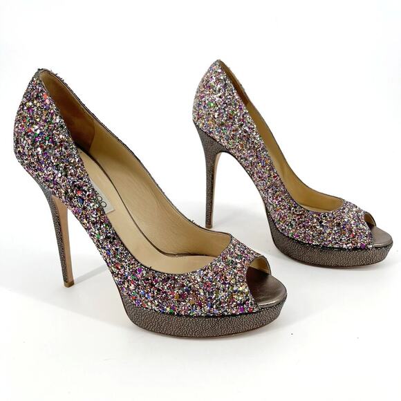 Jimmy Choo Crown Rainbow Coarse Glitter Platform Peep Toe Heel Pump size IT 41 - Picture 1 of 10
